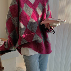 
South Korea's Dongdaemun new plaid design sweater women's winter thickened loose lazy style large size knitted top