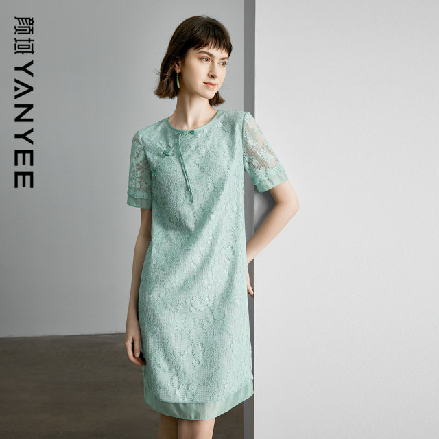 New Chinese style dress for 2025 new women's summer elegant green mid-length short-sleeved round neck skirt