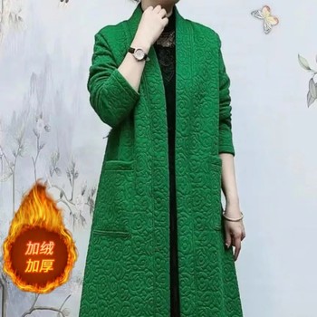 
New autumn and winter coats for middle-aged mothers, fashionable and versatile plus velvet and thickened long jacquard versatile windbreaker outer wear