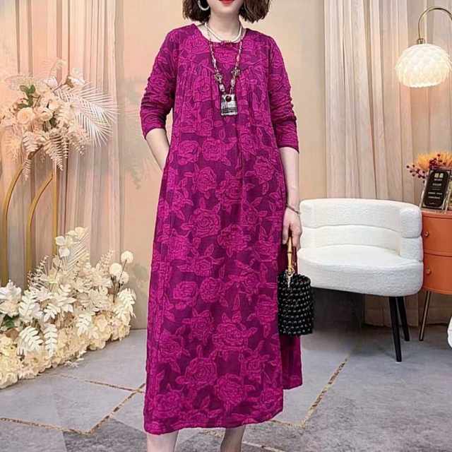High-end three-dimensional rose fashionable retro dress with large size Chinese style mother dress autumn and winter temperament elegant dress