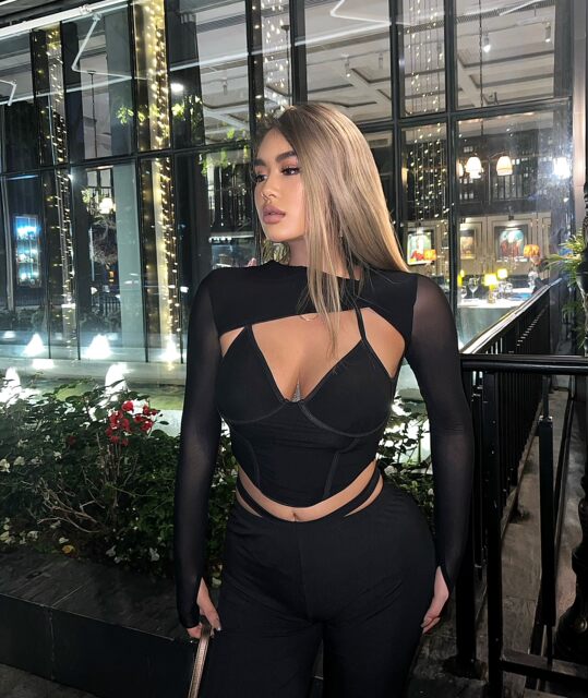 LA PINKY European and American sexy black deep V suspender breasts and slim hollow long-sleeved shirt fake two-piece base shirt