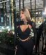 LA PINKY European and American sexy black deep V suspender breasts and slim hollow long-sleeved shirt fake two-piece base shirt