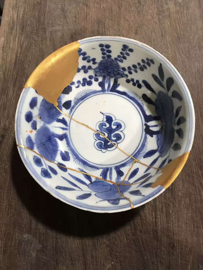 Z758明代青花瓷老古董碗祥云老瓷片金缮修复包老保真