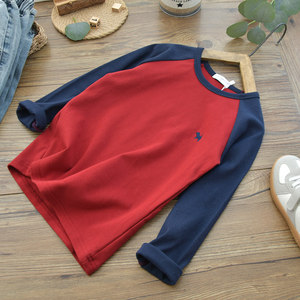 Children's dark blue spliced ​​red rag-slim base shirt pure cotton Korean version boy round neck grinding long-sleeved T-shirt