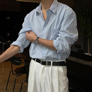 
Light blue shirt men's long-sleeved high-end and handsome trendy spring and summer light mature casual top dk drape inner shirt