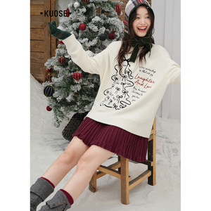 
Wide apricot Christmas tree embroidered sweater with women's 2025 autumn and winter new atmosphere matching sweater