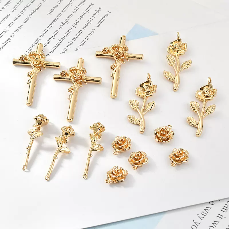 铜镀18k真金色十字架玫瑰花朵吊坠diy耳环项链手链挂件饰品材料