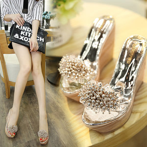 Slope heel ultra -high heels women's shoes 12cm nightclub sexy increasing thick bottom transparent fish mouth shoes, rhinestone beaded sandals