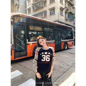 
FF BLUE Ivy Old Dream American retro lazy knitted sweater contrast color round neck slim inner top for women