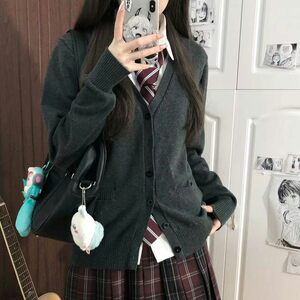 
Fairy club grey notes cardigan sweater college JK sweater autumn and winter women solid color knitted long sleeves