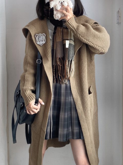 Original badge navy collar sweater cardigan autumn and winter large lapel mid-length knitted jacket for women