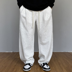 Spring American casual ruffian and handsome high-end gray knitted sanitary pants for men, straight tube loose drawstring versatile wide leg pants, trendy