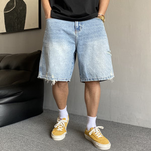 Summer American casual and handsome heavy retro ripped denim shorts men's straight loose high street five-point pants trendy brand