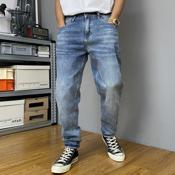 
Autumn American casual and handsome washing retro stretch jeans men's slim feet versatile conical long trousers trendy