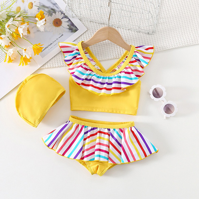 Girls split swimsuit dress style bikini fashion rainbow striped lace back strap seaside vacation swimsuit