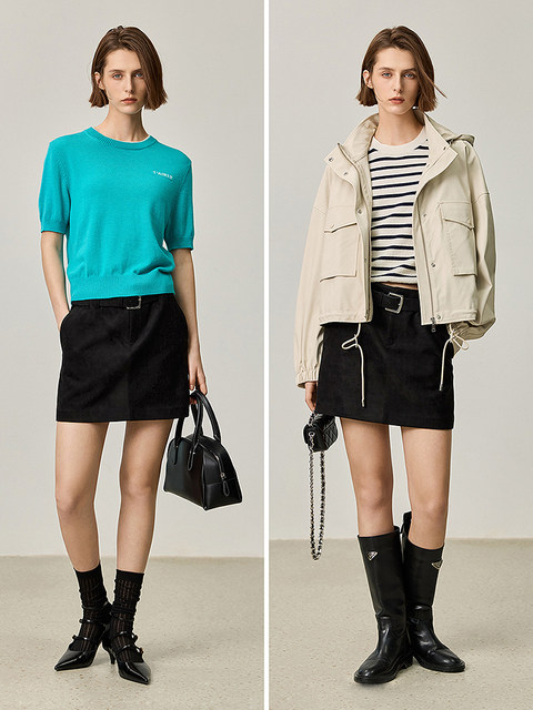 LILY winter new retro velvet mid-low waist anti-exposure micro A skirt
