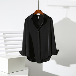 Black Drapey Acetate Satin Shirt for Women, High-Quality Summer Thin Fashion Top, Elegant French-Style Shirt, Stylish