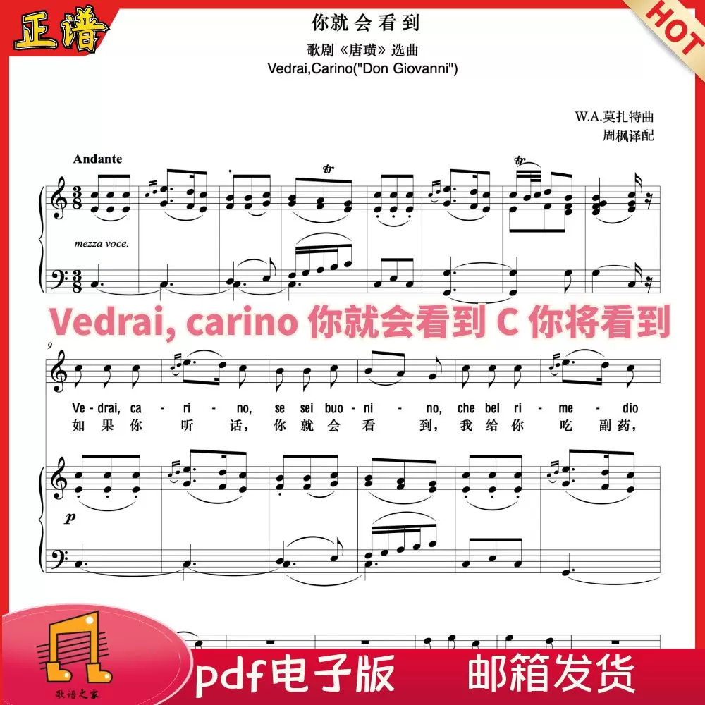 你就会看到vedrai, carino正谱c调声乐五线谱莫扎特唐璜音频另购