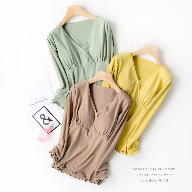 With chest pad, German velvet pregnant women's warm nursing long-sleeved autumn coat bottoming shirt plus velvet autumn and winter nursing inner T-shirt