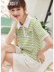 Miziqi striped short-sleeved T-shirt for women 2025 new summer Korean polo shirt lapel loose green top trendy