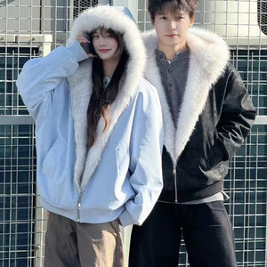 
American hooded plush mountain-carved cotton jacket for men and women in winter, thickened, high-end and warm, couple's short cotton jacket