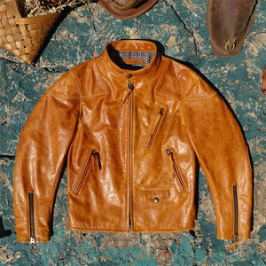 American classic imported caramel color horse leather genuine leather jacket men's venom stand collar slim fit short upgrade version