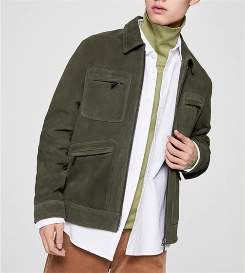 Exit Japan! Ink green fluffy cowhide leather leather leather coat men's lapel casual multi -pocket leather jacket top
