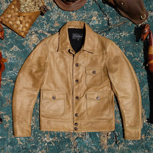 
RL style three-pocket denim tobacco color imported oil wax first layer cowhide leather jacket for men American retro western style