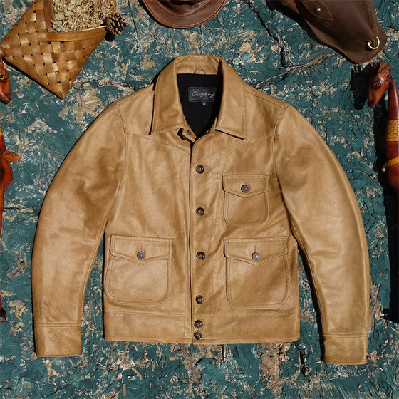 
RL style three-pocket denim tobacco color imported oil wax first layer cowhide leather jacket for men American retro western style
