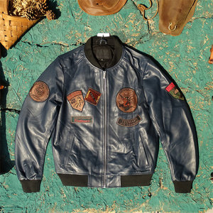 
Only 20 pieces! The first layer imported blue sheepskin leather jacket for men with multi-standard plus cotton baseball uniform
