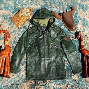 
Nine-pocket hooded hunting suit! Field style Bangladesh imported oil-wax pony leather genuine leather leather jacket men's windbreaker