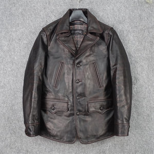 Tea core horse leather dispatcher style hand-made polished and old American retro top layer horse leather genuine leather leather jacket men's mid-length style