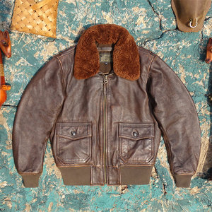 
G1 detachable fur collar flying! Brown heavy-washed old cowhide leather genuine leather jacket for men