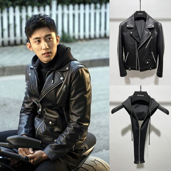 
Celebrities' same style genuine leather jacket for men, slim fit detachable hooded motorcycle sheepskin jacket, short slim coat