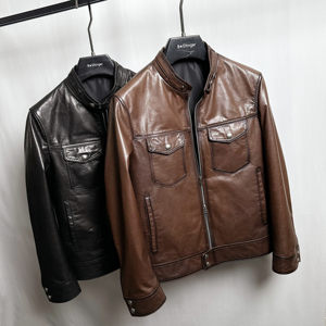
Winter new Haining new genuine leather jacket for men, top-layer goatskin short stand-up collar down jacket, casual jacket