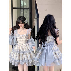 Sweet Bow-Knot Floral Suspender Dress for Women in Summer, Petite Waist-Cinching Runaway Princess Puffy Cake Skirt