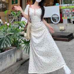 French Floral Sweet Dress for Women, New Summer Style, Waist-Cinching, Slimming, Elegant Long Dress, Petite Mid-Length Dress