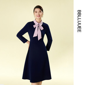 [River Contrast Color Dress] BBLLUUEE/Pink Blue Wardrobe 2025 Autumn New Contrast Color Collar A-line Skirt for Women