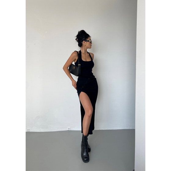 Iya U-neck halter neck suspender sleeveless dress for women's autumn new high-waist slim design niche slit skirt