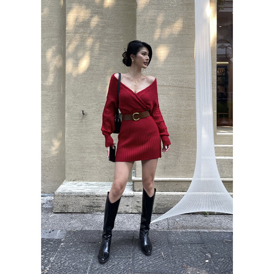 
Iya sexy V-neck cross twist sweater dress for women 2024 autumn new high-waisted slim-fitting hip skirt