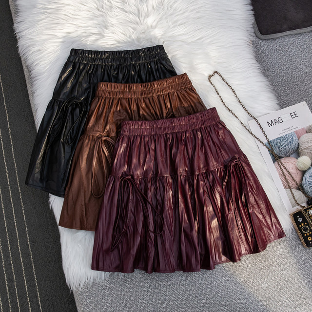 Hot Girl Wind Bow Retro Pu Pippen Skirt Female Autumn New high -waisted pleated folds A -line skirt