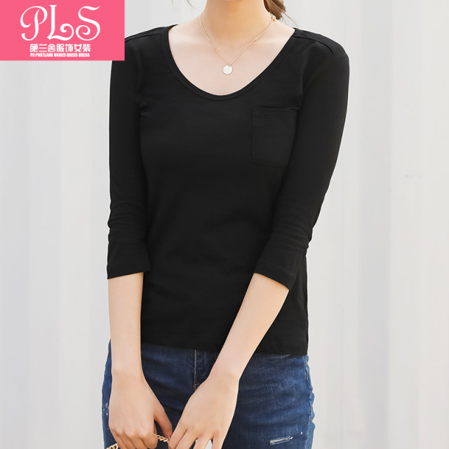 Spring and autumn new Korean version of the round collar slim mid -sleeved pocket decoration seven -point sleeve pure white pure color simplicity T -shirt
