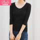 Spring and autumn new Korean version of the round collar slim mid -sleeved pocket decoration seven -point sleeve pure white pure color simplicity T -shirt
