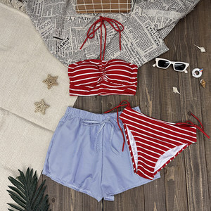 
Thai split bikini sexy hottie striped simple loose shorts spa beach swimsuit three-piece set vacation