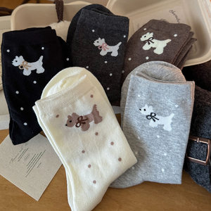 
Socks that will pill, Japanese cartoon puppy pattern women's mid-calf socks, cute polka dots and versatile student cotton socks