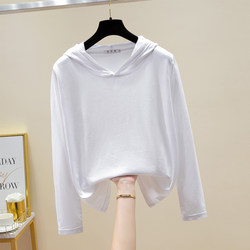 2026 New White Long-Sleeved Sweatshirt for Women, Hooded Spring and Autumn Base Shirt, Pure Cotton Hooded T-Shirt, Large Size Loose Hoodie