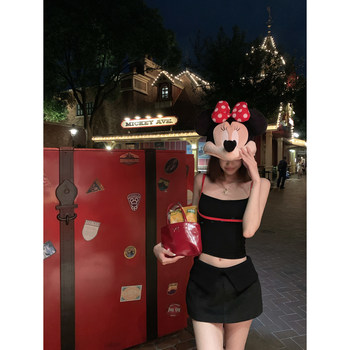 Thas9i 900 million black slim contrast color split slim elastic suspender vest women's waist-turning wool shorts