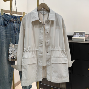 
2026 Spring New Beige Workwear Windbreaker Women's Mid-Length Waist Loose Shirt Jacket Trendy for Small People