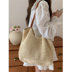 Large Capacity Women's Bag 2025 New Versatile Shoulder Beach Vacation Woven Straw Commuter Tote Bag