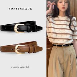 Women's Leather Belt, Summer Brown Belt, Thin Belt for Dress Pants, Simple and Versatile, Jeans Belt, New Student Style, Fashionable Decoration